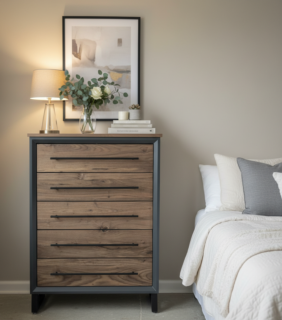 Handcrafted Modern Industrial Chest of Drawers in walnut 42t x 30w x 18d with Steel Legs and Adjustable Feet