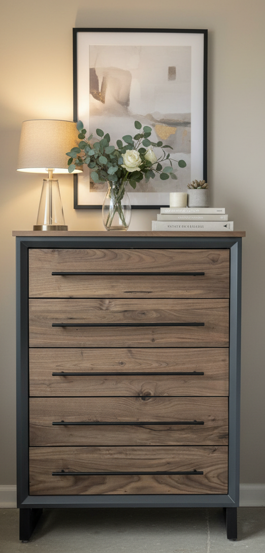 Handcrafted Modern Industrial Chest of Drawers in walnut 42t x 30w x 18d with Steel Legs and Adjustable Feet