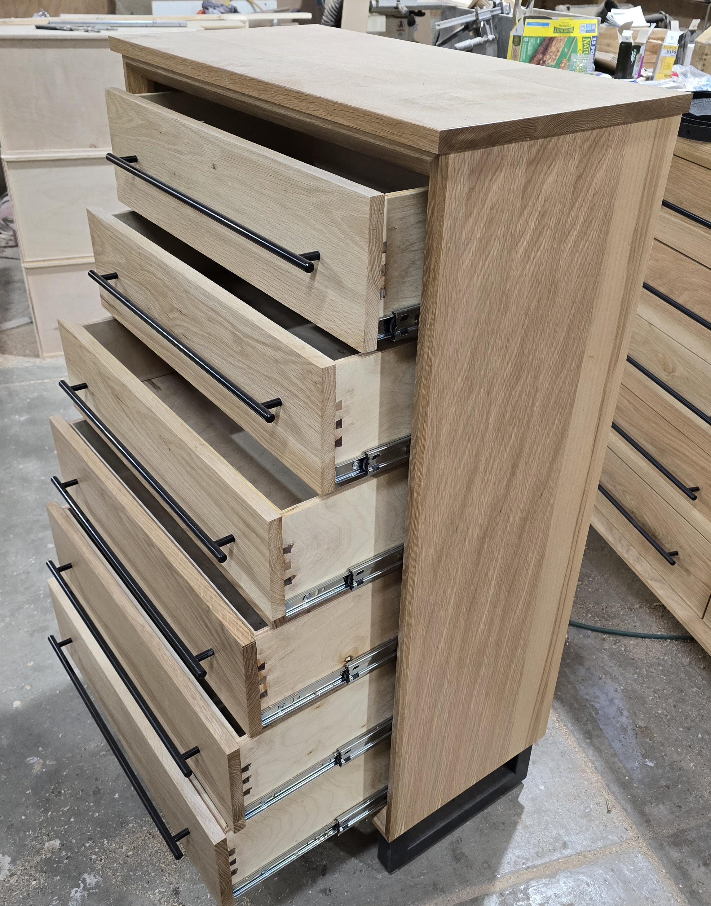 handcrafted Modern Industrial 6 drawer Chest of drawers in white oak 49t x 30w x 15d with Steel Legs and Adjustable Feet