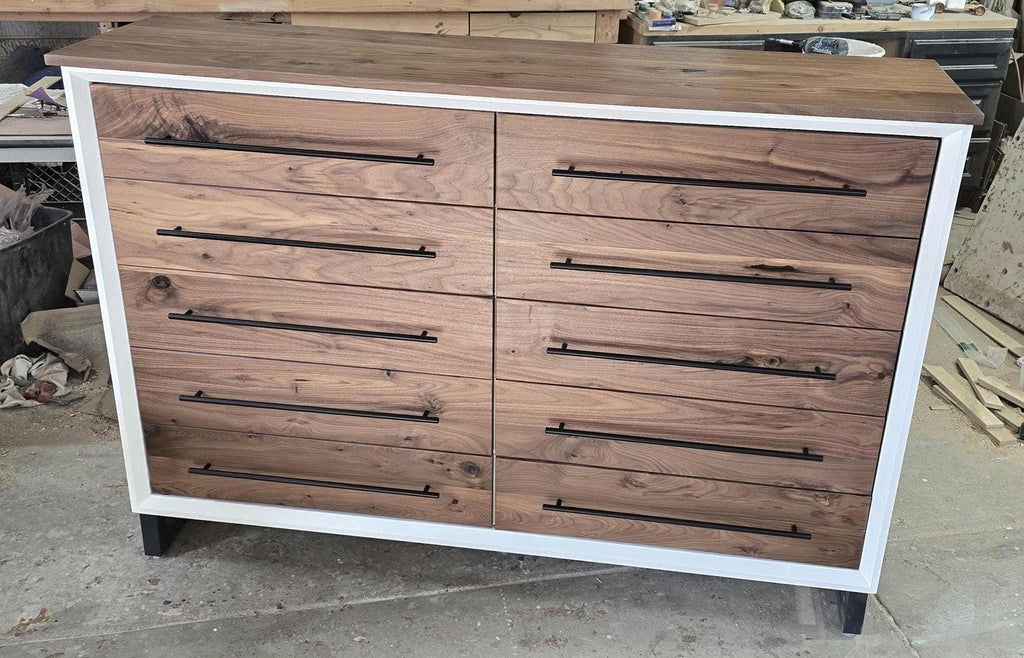 Hand Crafted 5 foot 42"tall  10 Drawer Modern Industrial Dresser with real Walnut Drawer Faces and top room of choice delivery included.