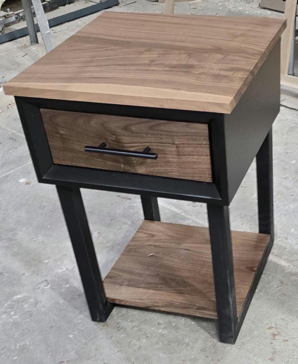 Handcrafted single drawer modern nightstands in black with real walnut and bottom shelf on steel legs