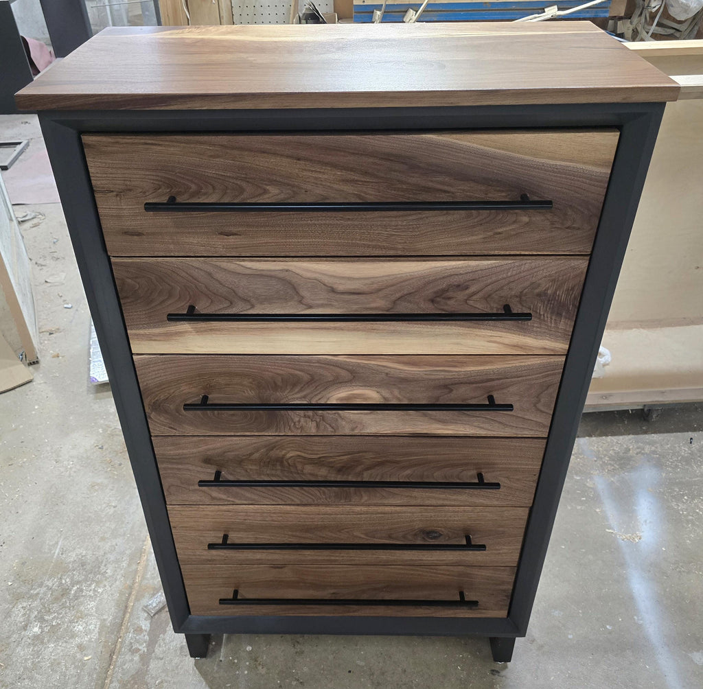 Handcrafted Modern Industrial 6 drawer Chest of Drawers in walnut 49t x 30w x 18d with Steel Legs and Adjustable Feet