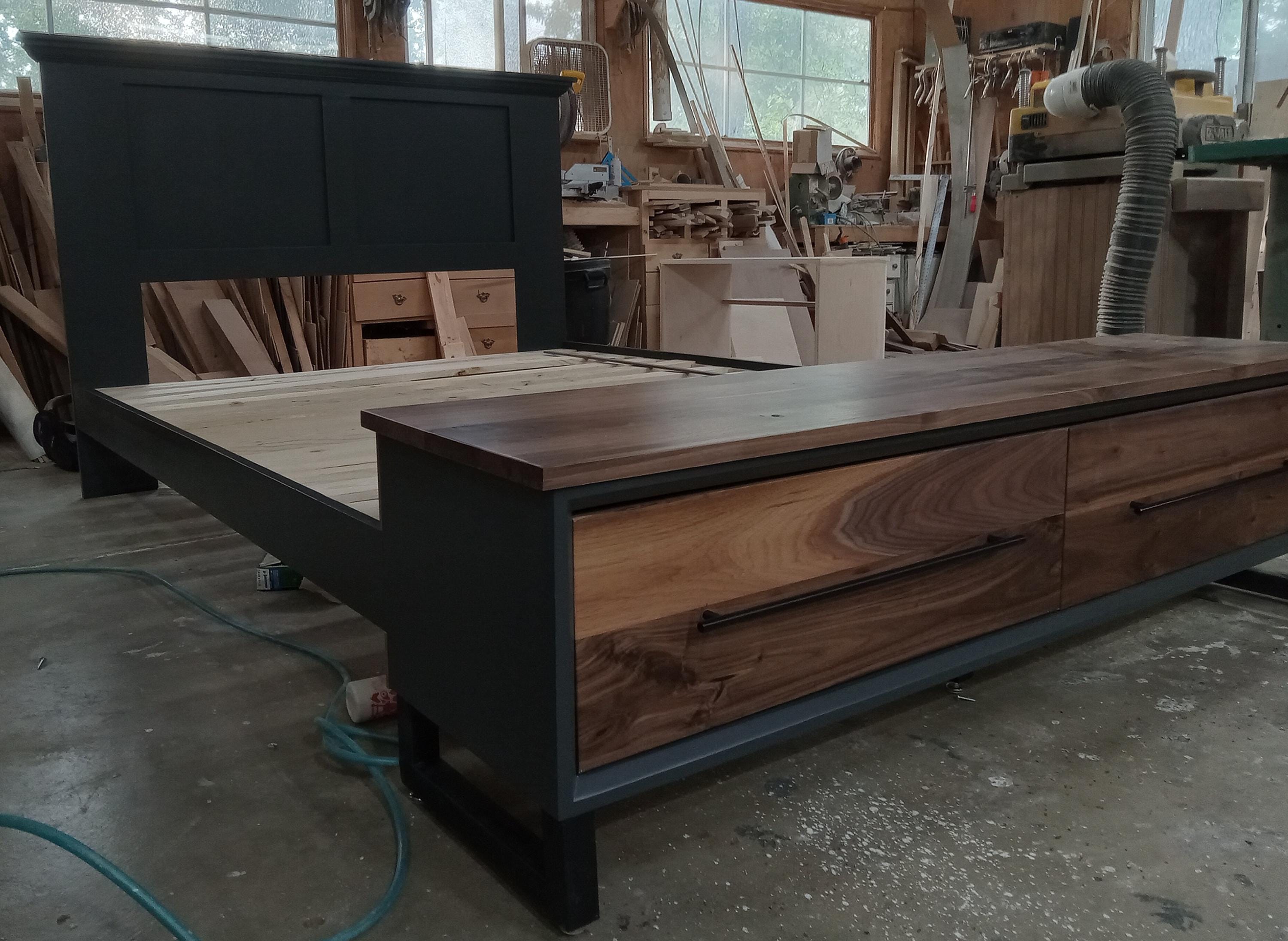 Handcrafted to order. footboard bench with storage dark Grey with walnut fronts and top. 2 drawer shown in queen available in all sizes