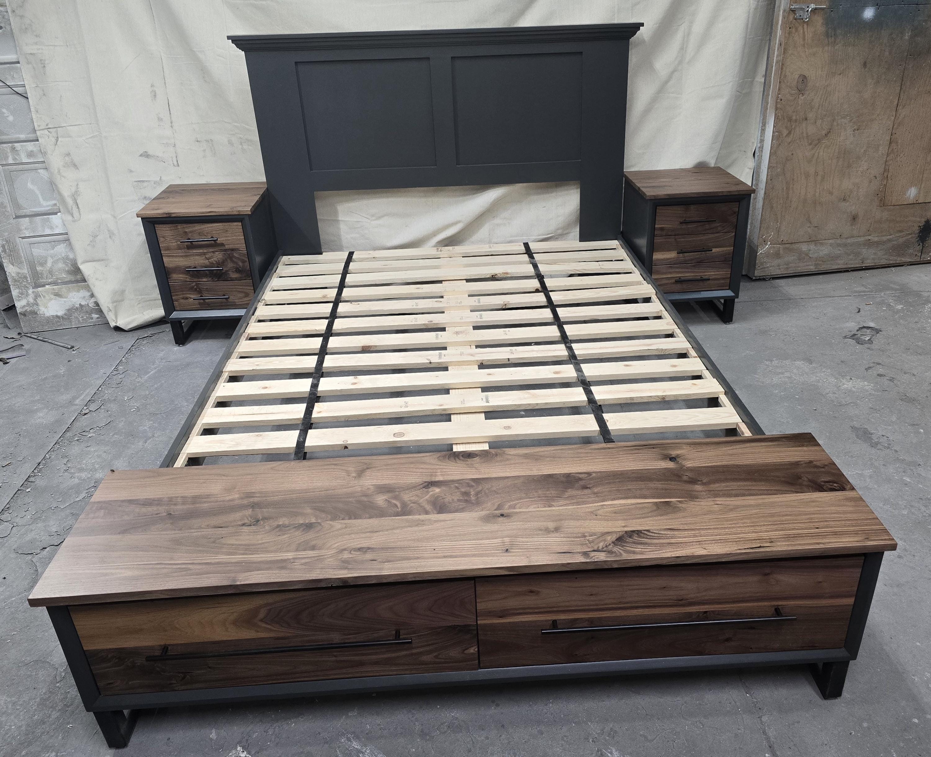 Handcrafted to order. footboard bench with storage dark Grey with walnut fronts and top. 2 drawer shown in queen available in all sizes