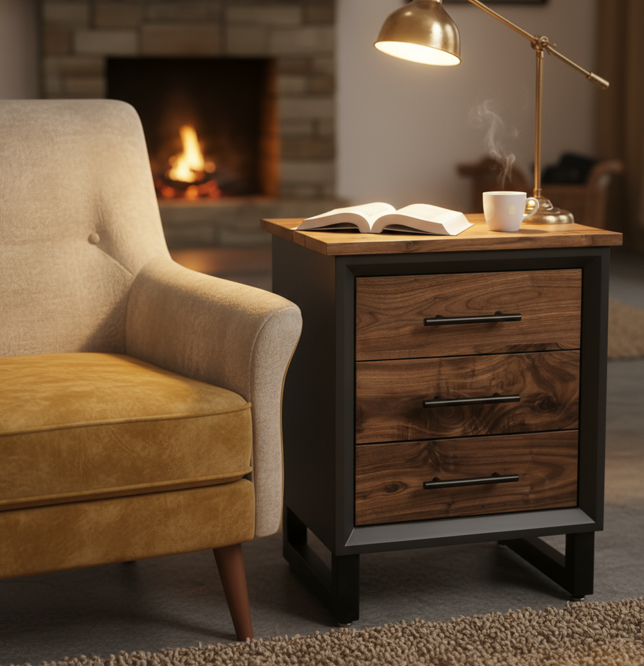 Handcrafted Modern 3 Drawer Nightstands with Walnut Face and Tops on 5" Steel Legs