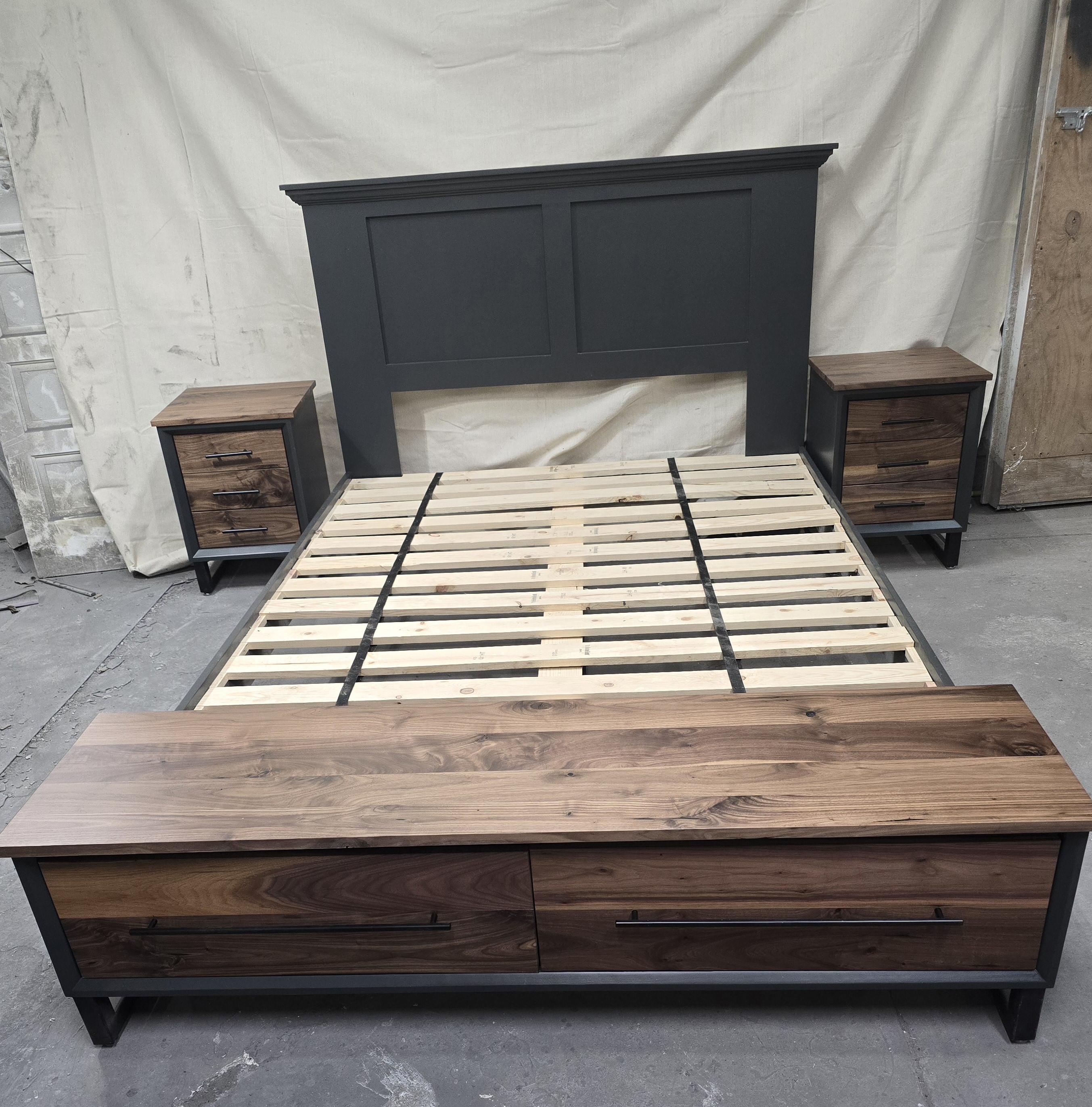 Handcrafted to order. footboard bench with storage dark Grey with walnut fronts and top. 2 drawer shown in queen available in all sizes