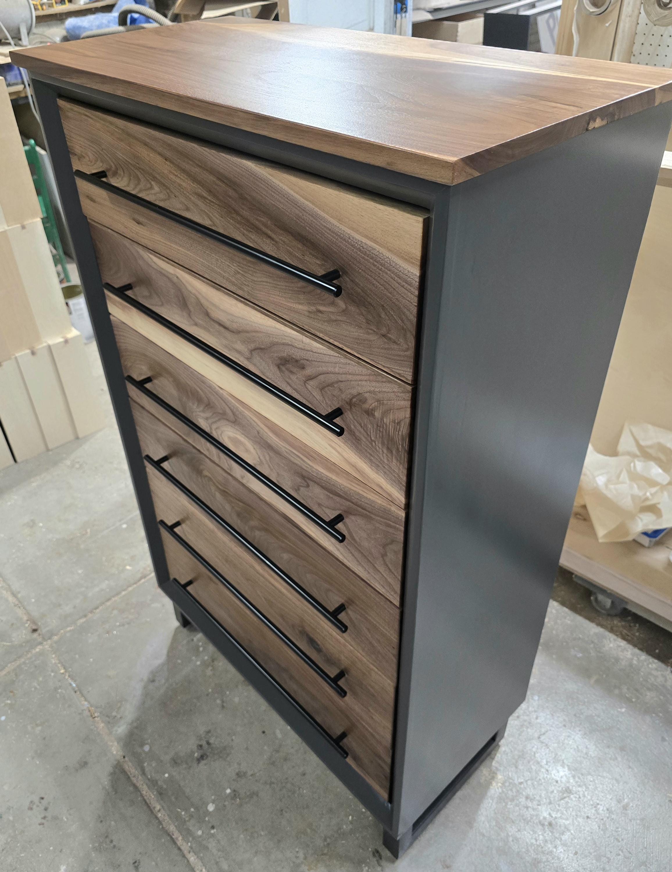 Handcrafted Modern Industrial 6 drawer Chest of Drawers in walnut 49t x 30w x 18d with Steel Legs and Adjustable Feet