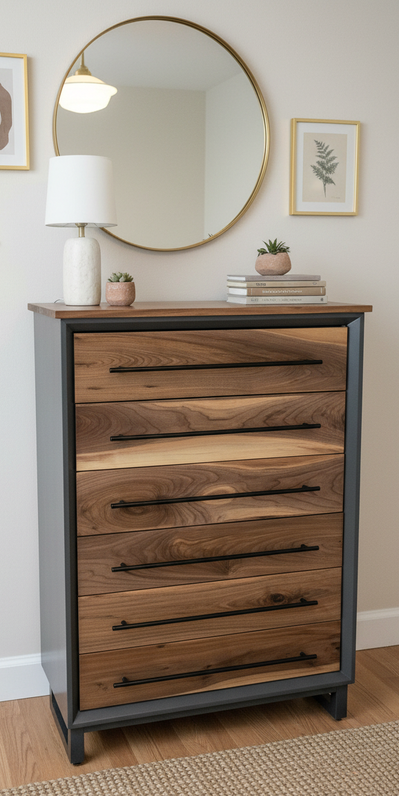 Handcrafted Modern Industrial 6 drawer Chest of Drawers in walnut 49t x 30w x 18d with Steel Legs and Adjustable Feet