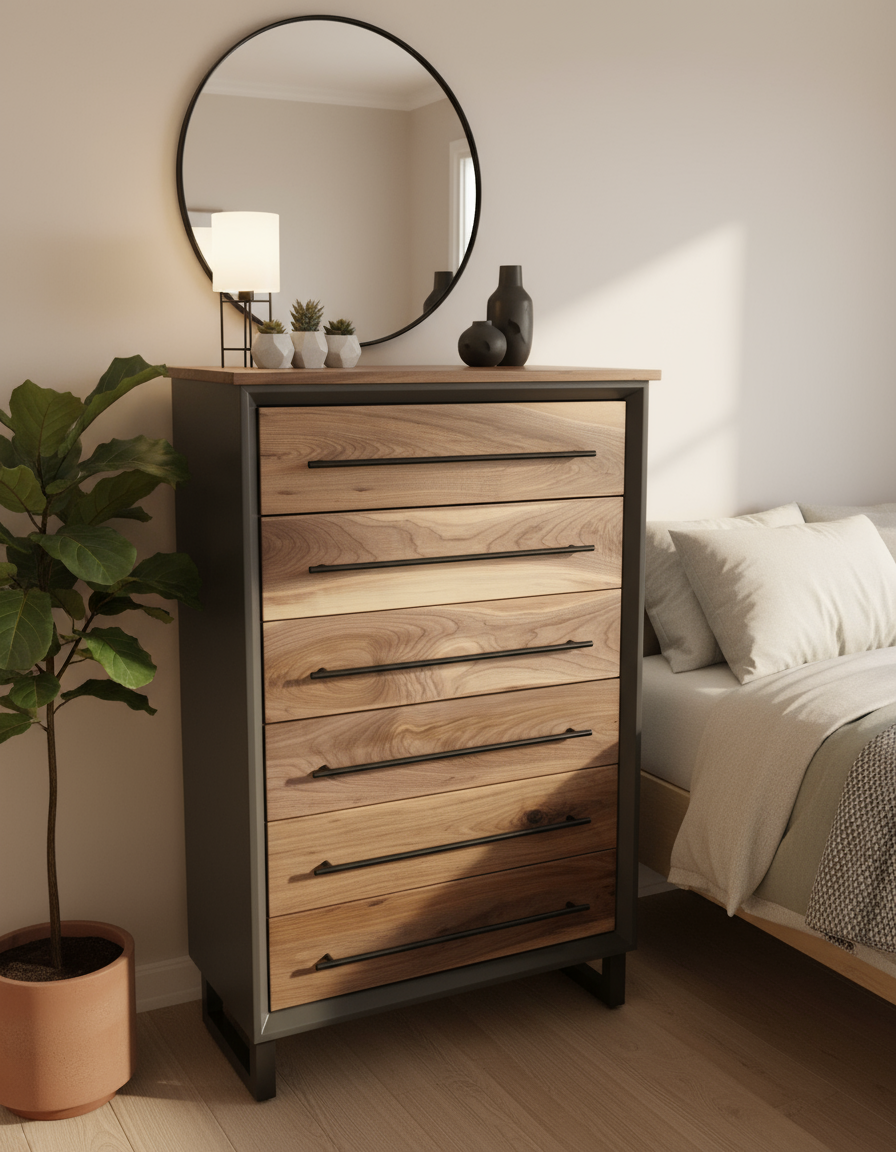 Handcrafted Modern Industrial 6 drawer Chest of Drawers in walnut 49t x 30w x 18d with Steel Legs and Adjustable Feet