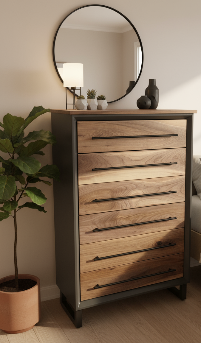 Handcrafted Modern Industrial 6 drawer Chest of Drawers in walnut 49t x 30w x 18d with Steel Legs and Adjustable Feet