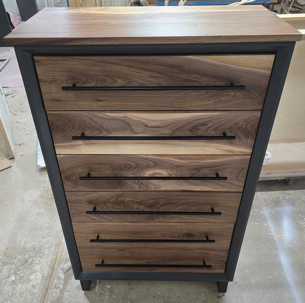 Handcrafted Modern Industrial 6 drawer Chest of Drawers in walnut 49t x 30w x 18d with Steel Legs and Adjustable Feet
