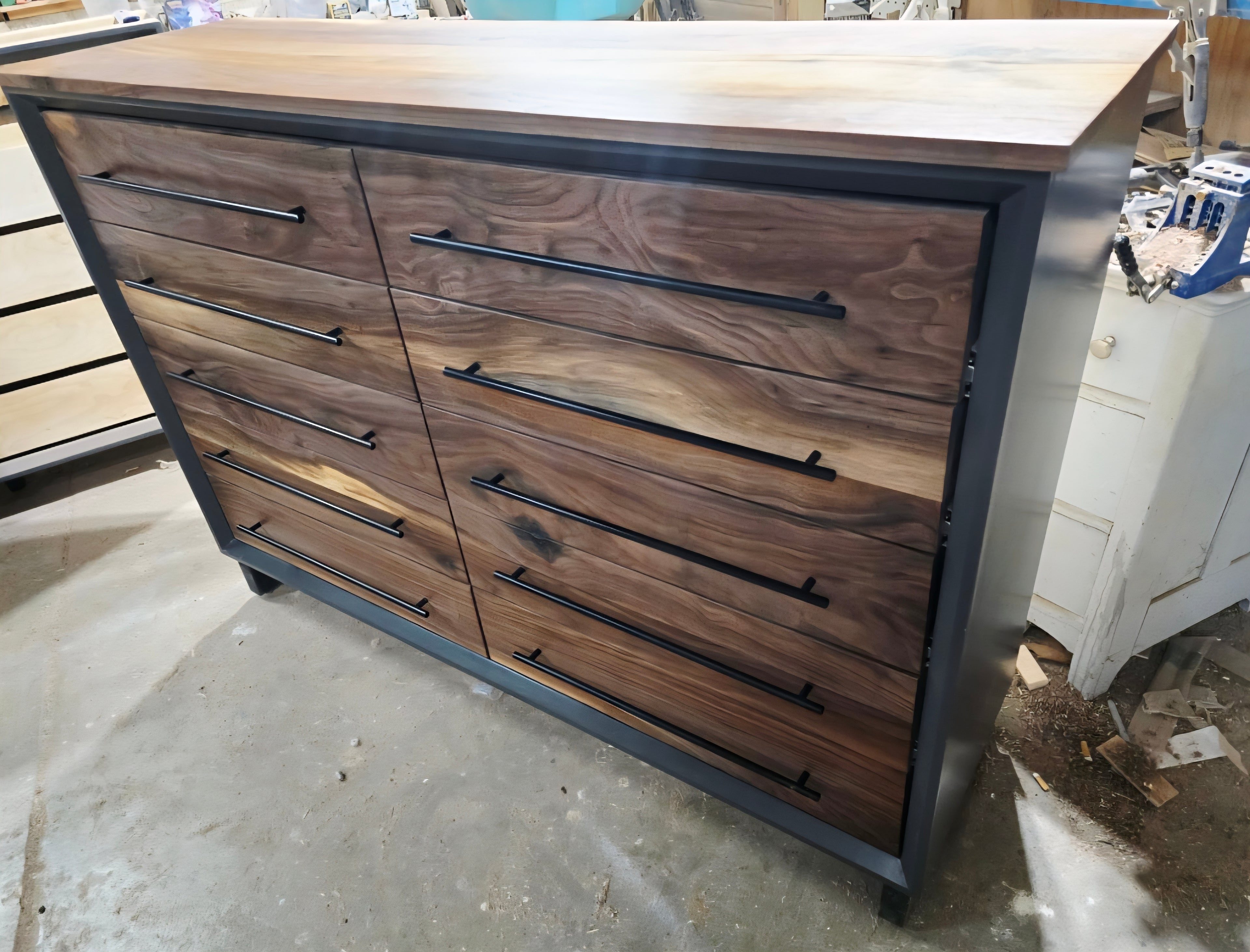 Modern industrial 10 drawer dresser solid walnut and gray shell