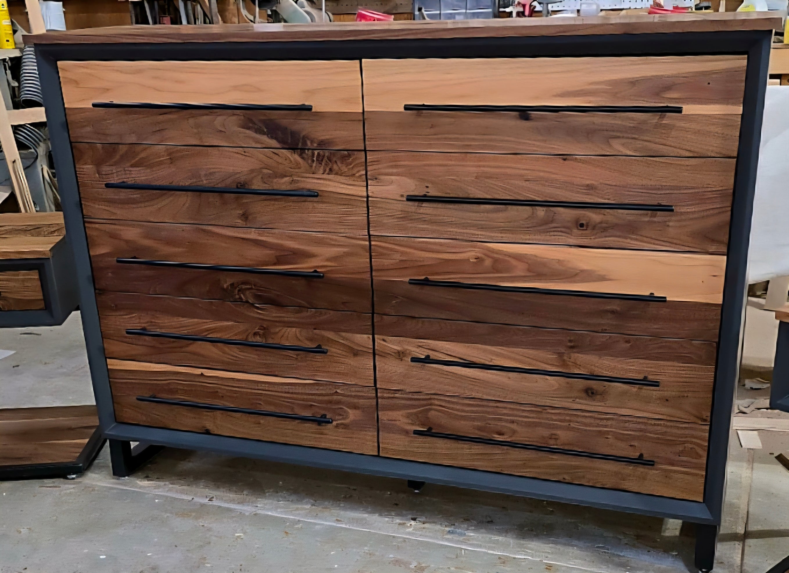 Modern industrial 10 drawer dresser solid walnut and gray shell