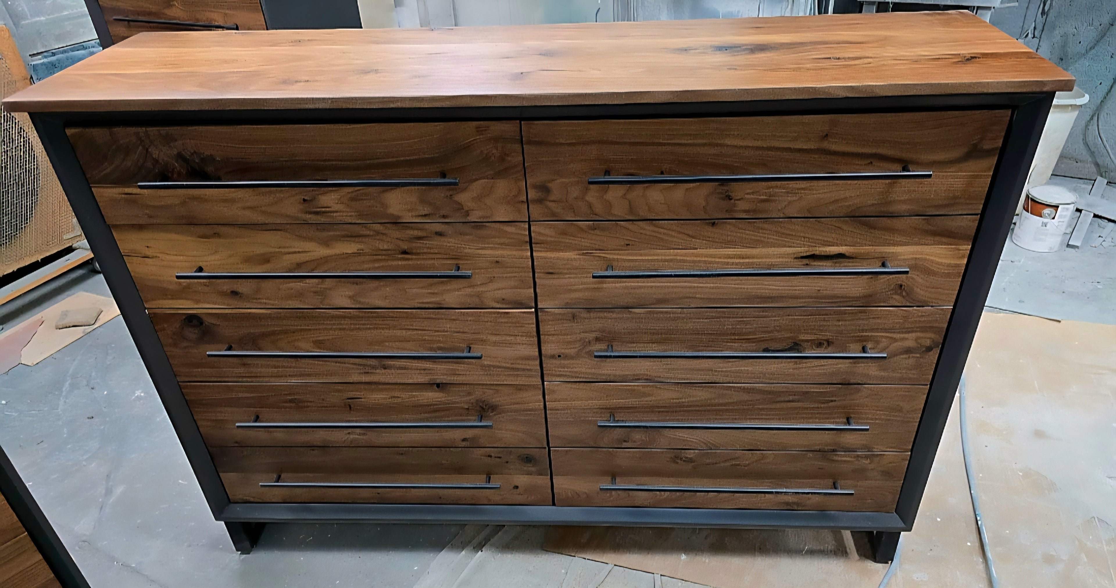 Modern industrial 10 drawer dresser solid walnut and gray shell