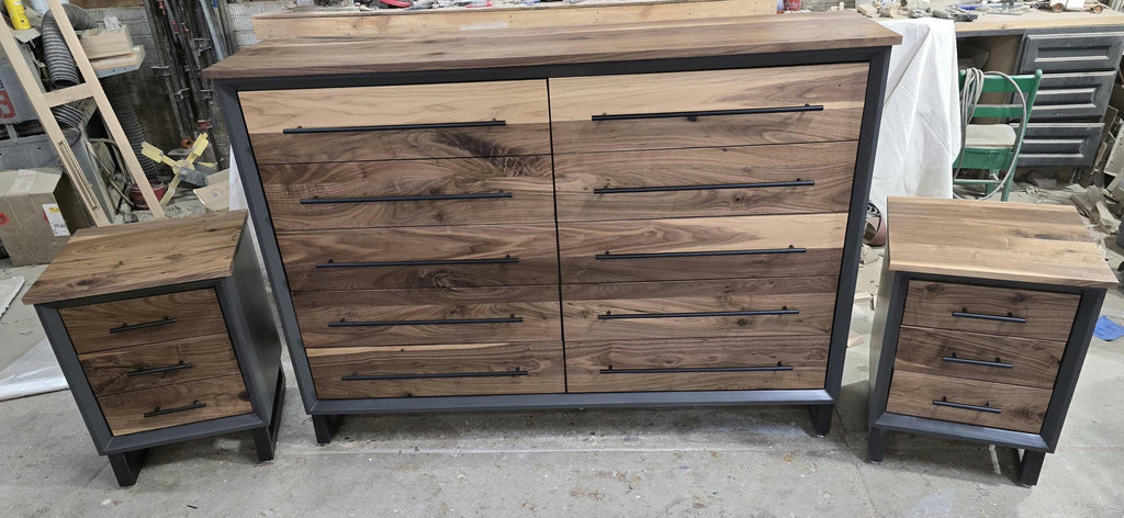 handcrafted 10 drawer 42 x 60 x 18 real walnut dresser and 2 18 x 18 x 24 3 drawer nighstand set with room of choice delivery 2200.00