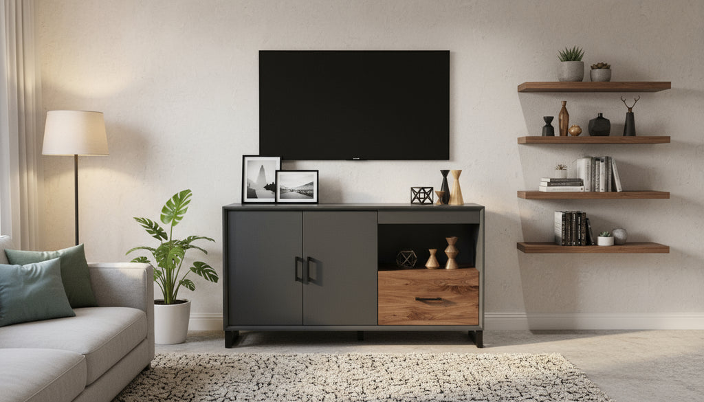 48" accent cabinet with open shelf and drawer with walnut fronts and top. Made to order.