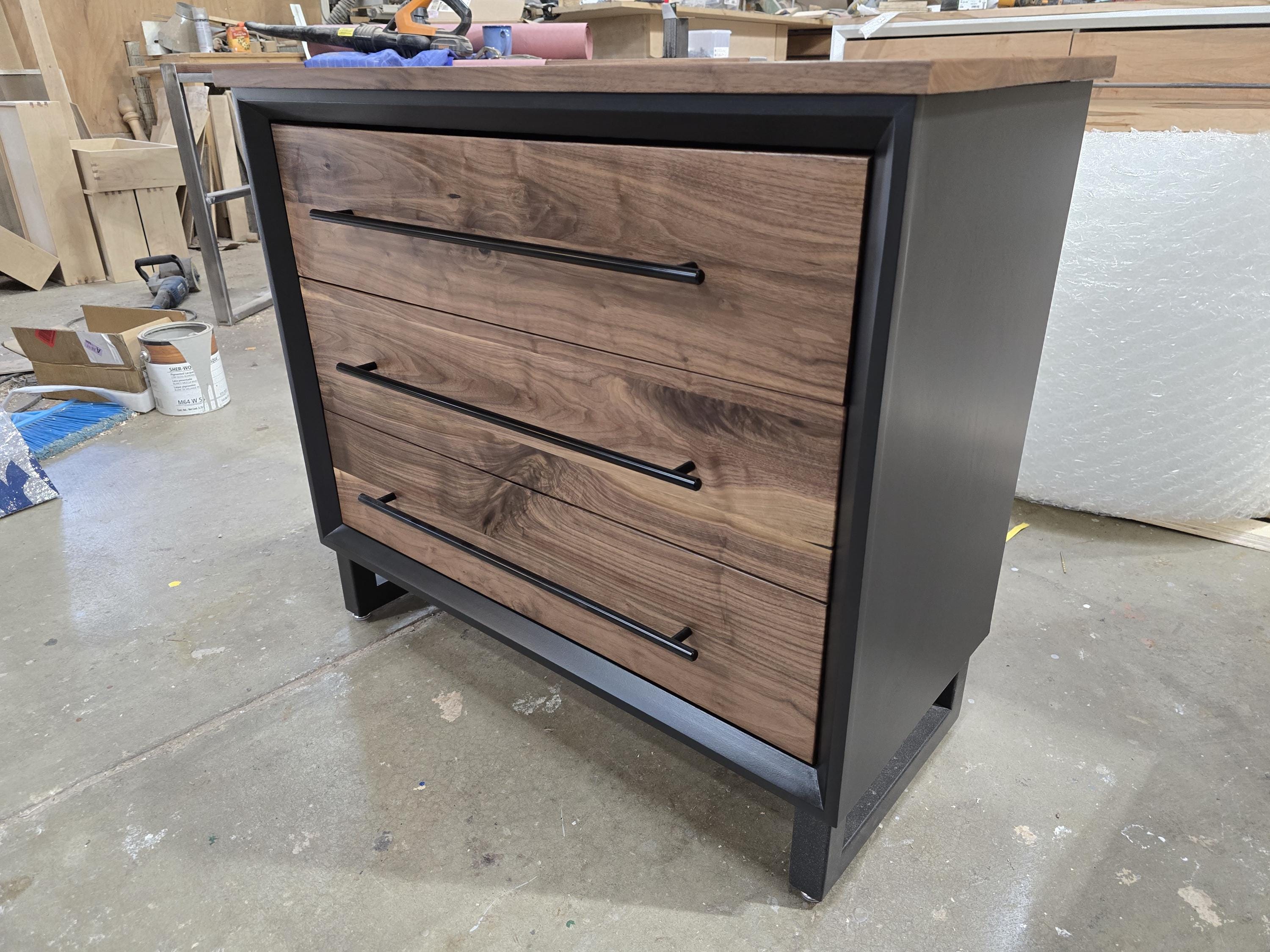 small 3 drawer dresser/nightstand with real walnut shown in black with steel legs (other options available) 34w x 30t x 16d