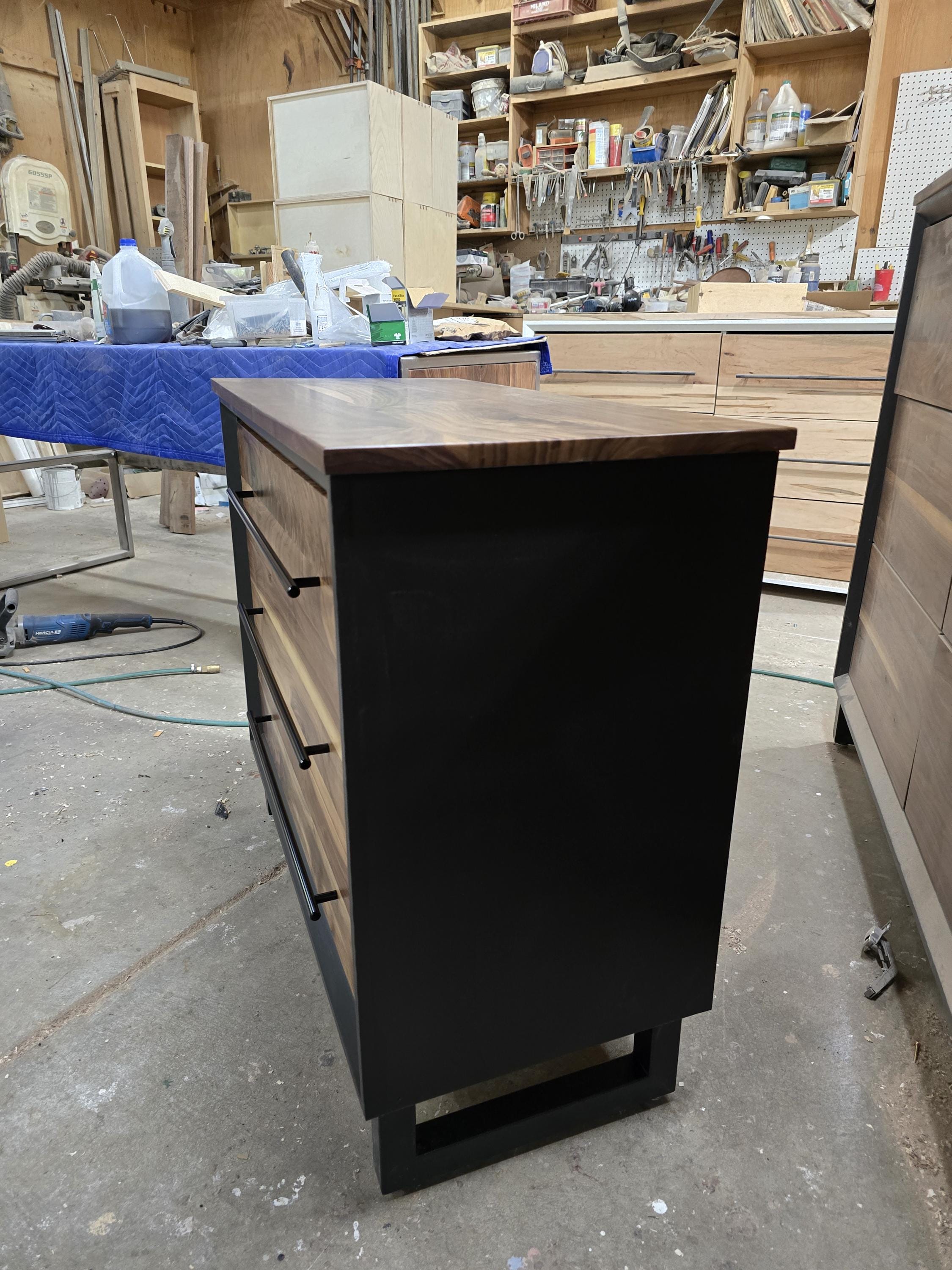 small 3 drawer dresser/nightstand with real walnut shown in black with steel legs (other options available) 34w x 30t x 16d