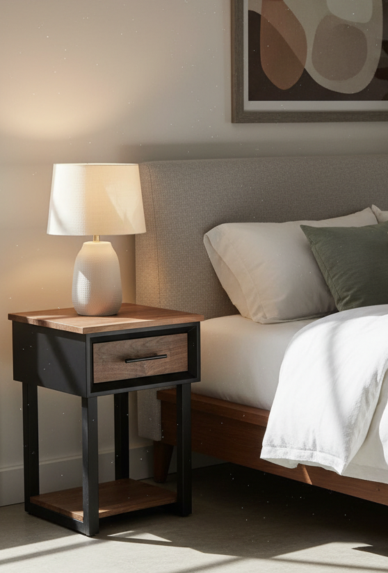 Handcrafted single drawer modern nightstands in black with real walnut and bottom shelf on steel legs