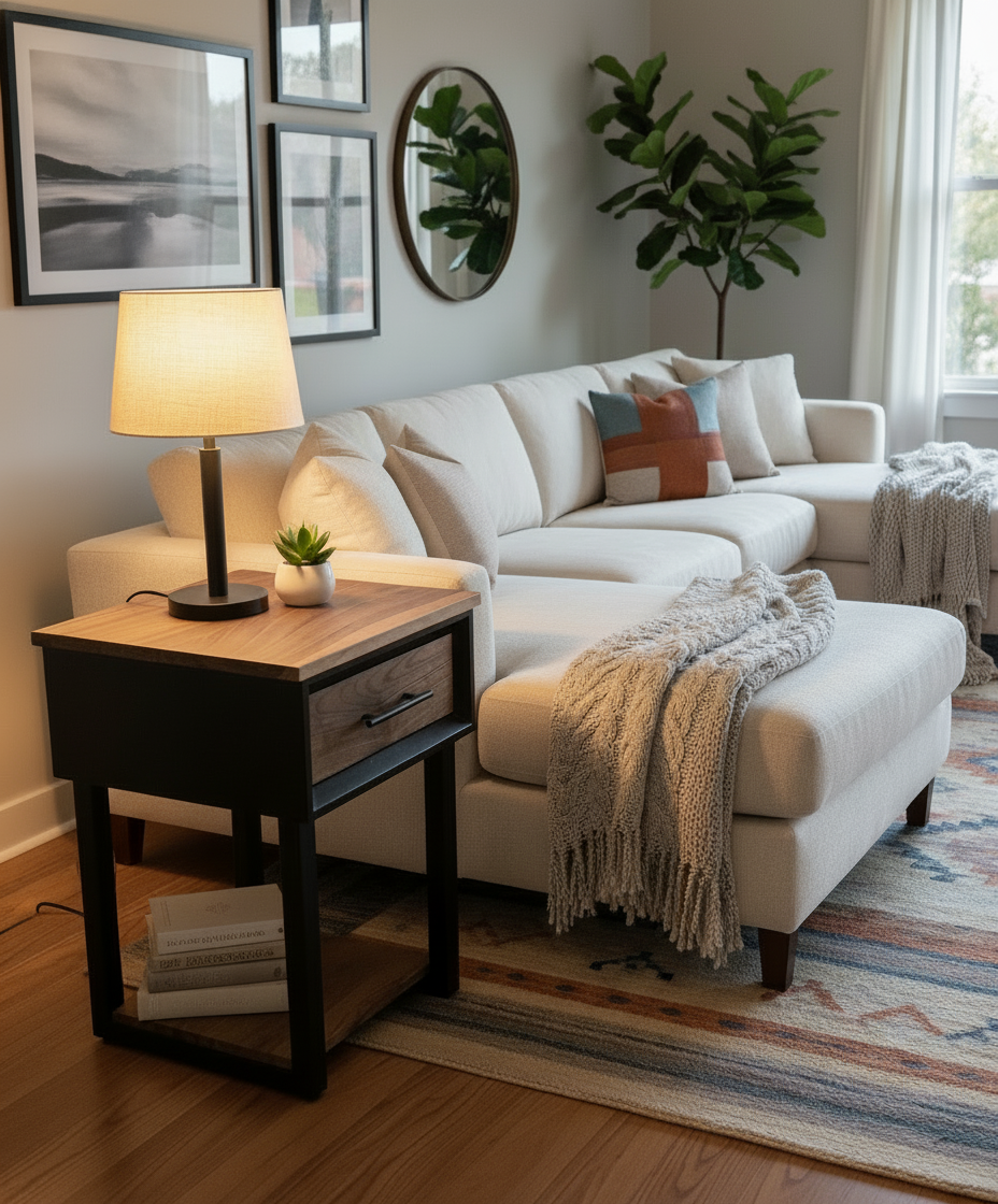Handcrafted single drawer modern nightstands in black with real walnut and bottom shelf on steel legs