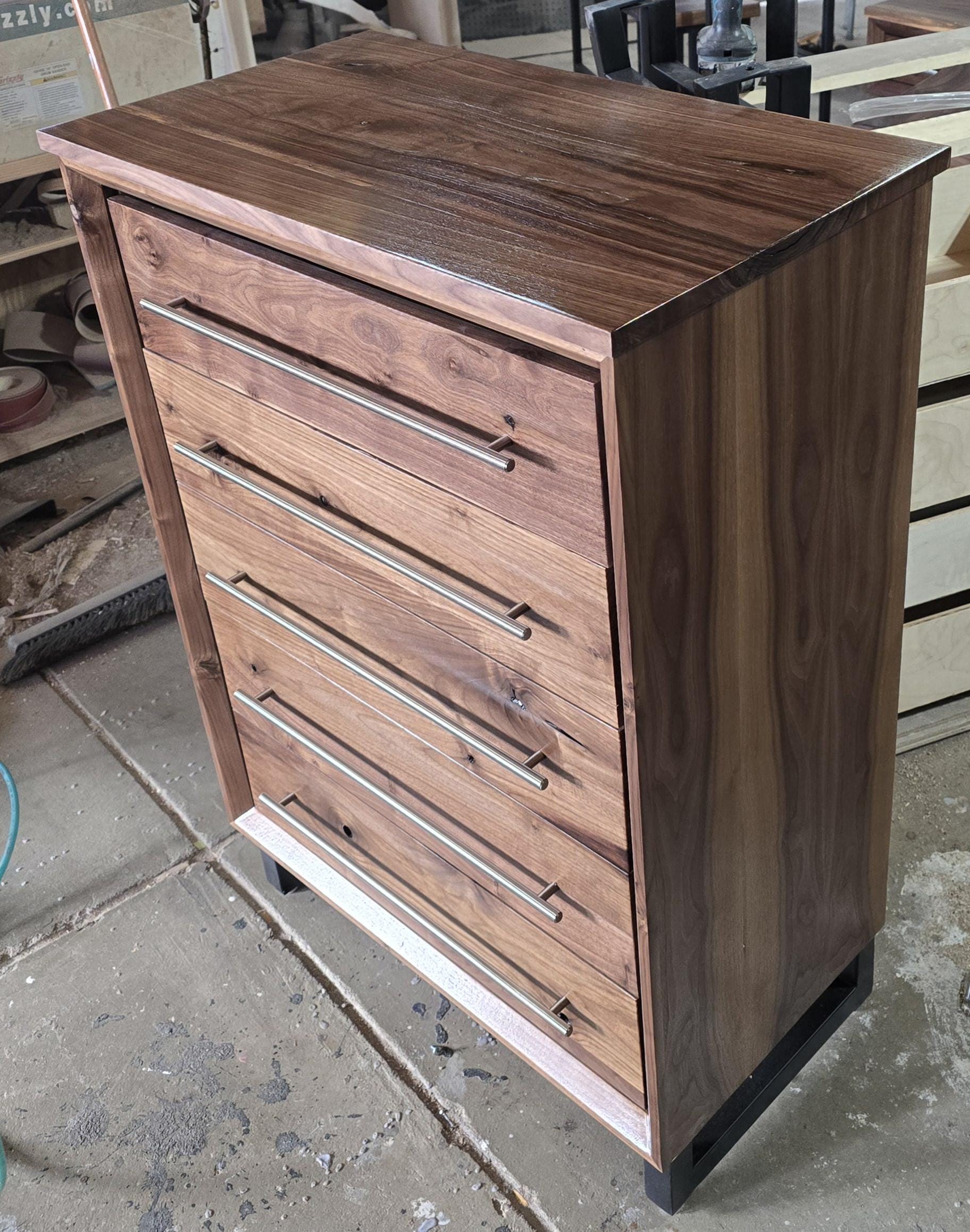 Handcrafted Modern Industrial Chest of Drawers in walnut 42t x 30w x 18d with Steel Legs and Adjustable Feet