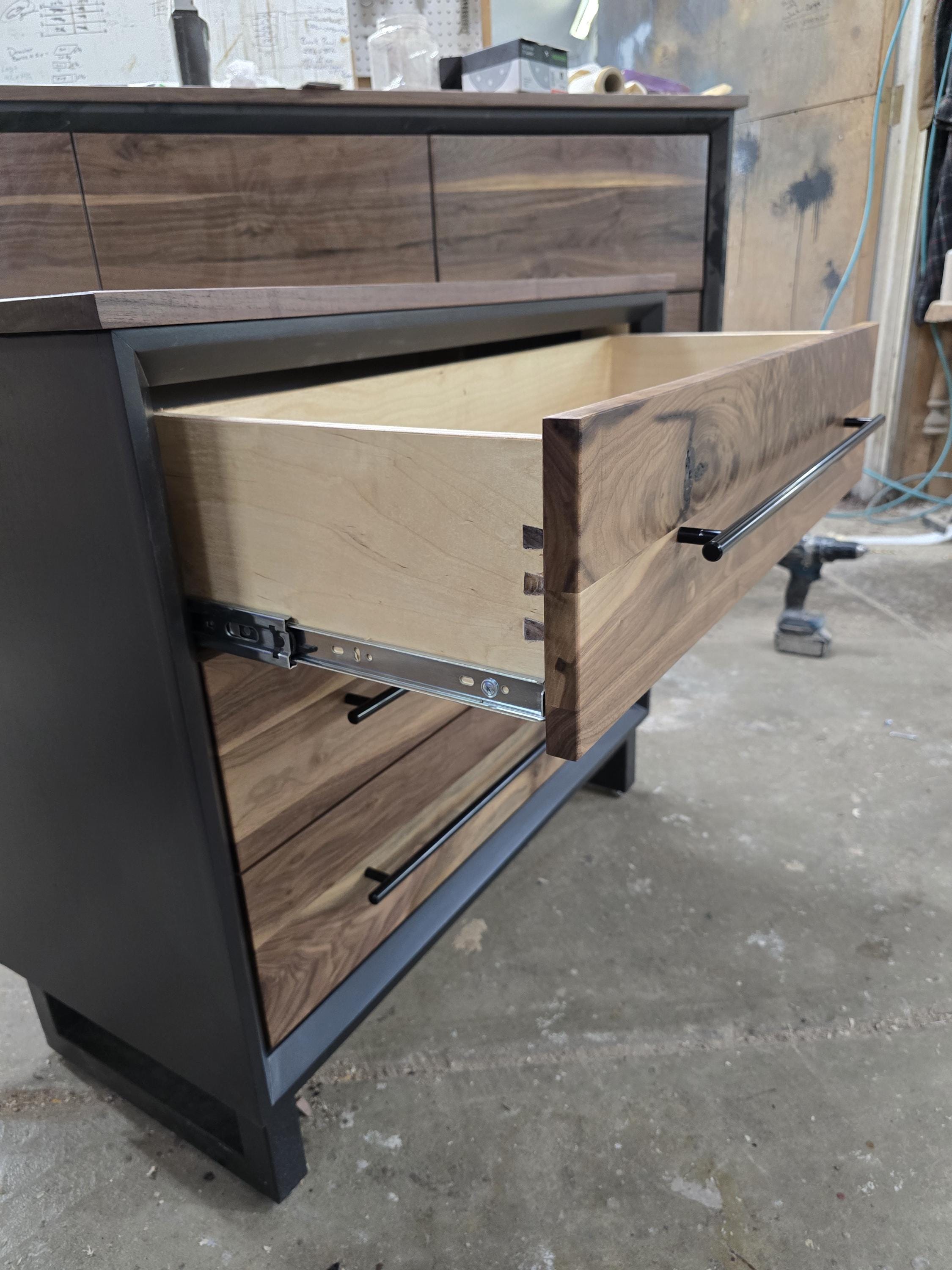 small 3 drawer dresser/nightstand with real walnut shown in black with steel legs (other options available) 34w x 30t x 16d