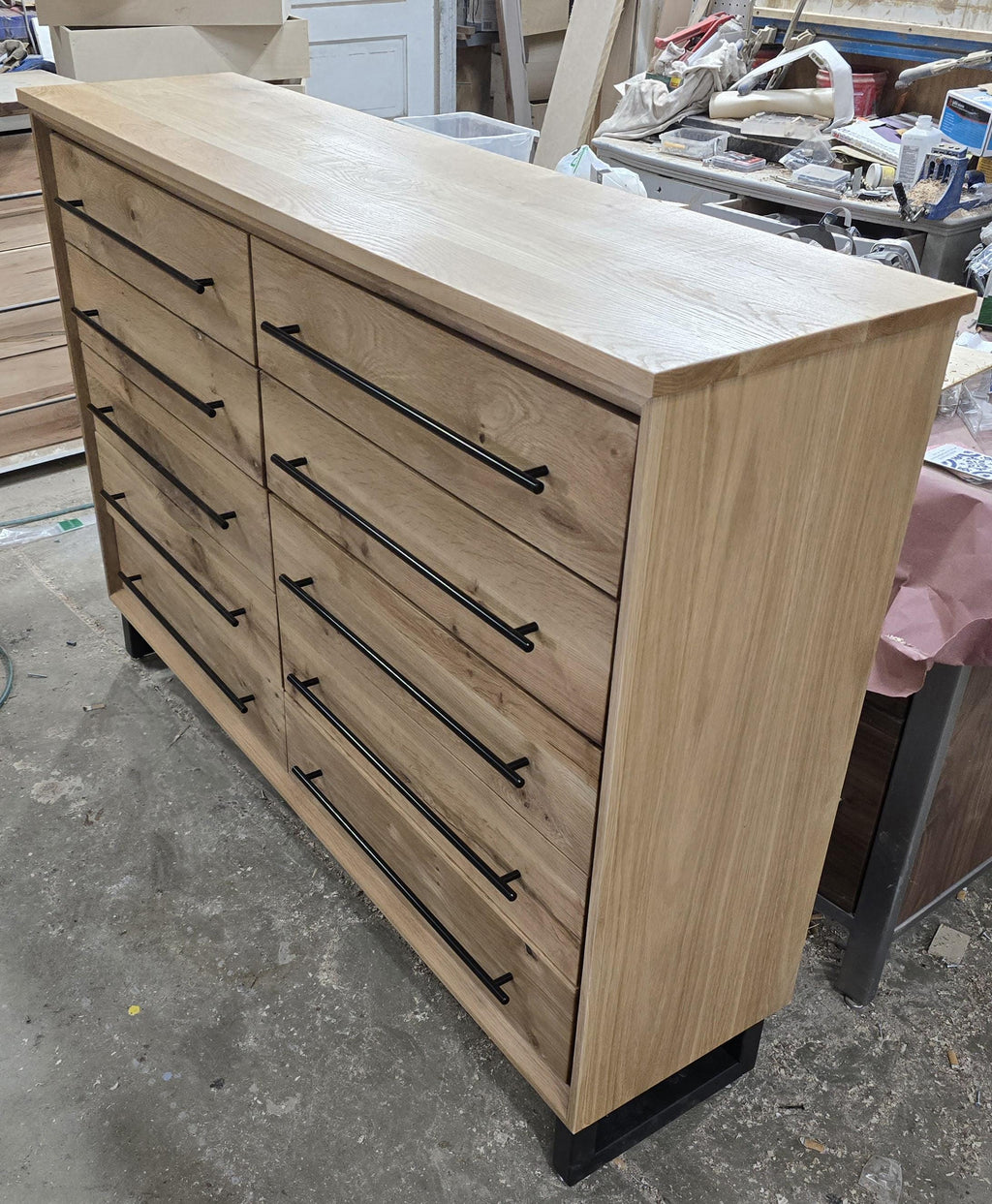 Hand Crafted 5 foot 42"tall 18 deep  10 Drawer Modern Industrial Dresser made of white oak on steel legs with adjustable feet