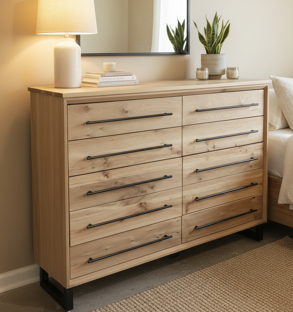 Hand Crafted 5 foot 42"tall 18 deep  10 Drawer Modern Industrial Dresser made of white oak on steel legs with adjustable feet