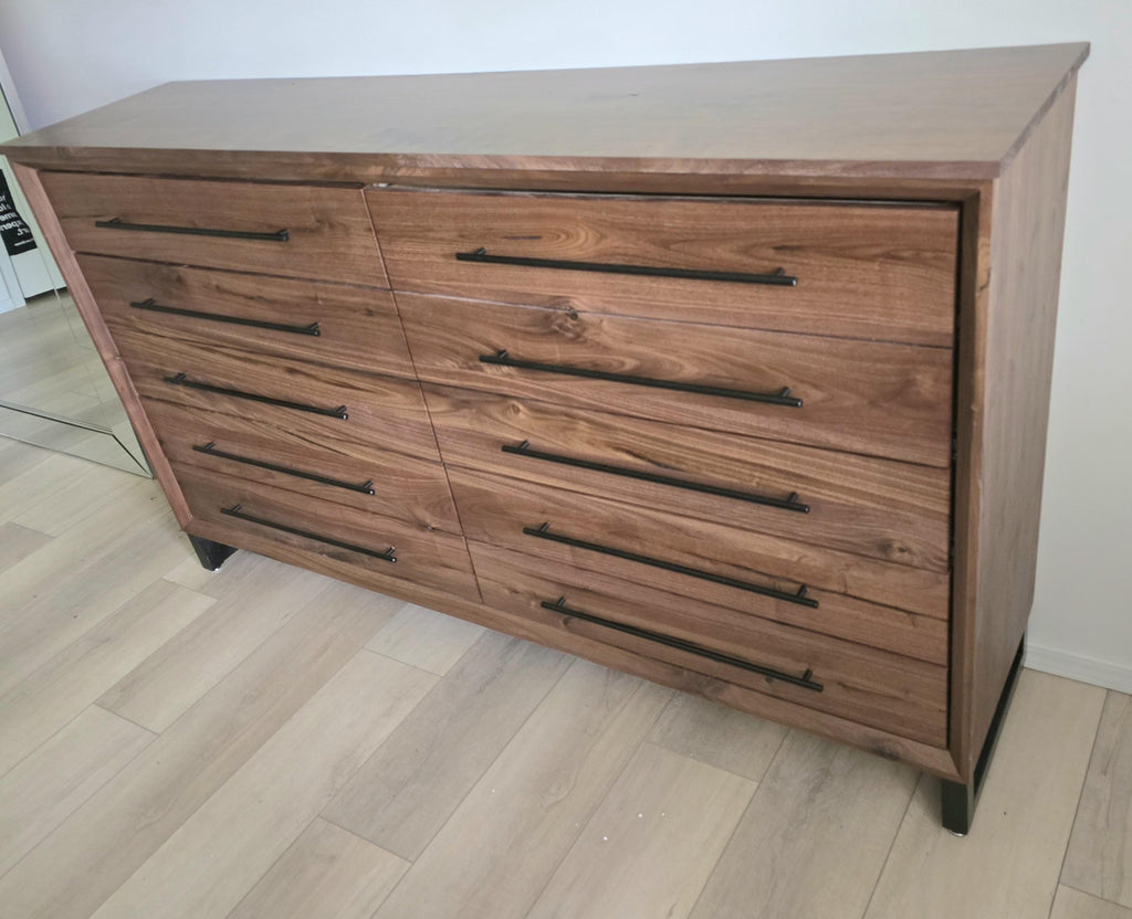 handcrafted 72w x 42t x 17d modern industrial walnut 10 drawer dresser.