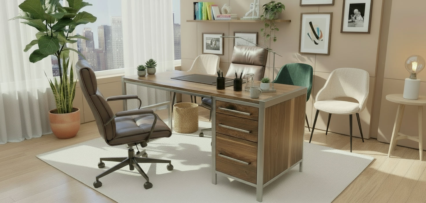handcrafted modern industrial executive desk made with clear coated steel and natural real walnut 72w x 26d x 30t