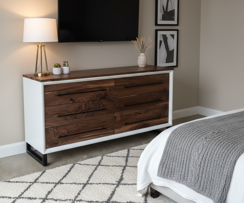 handcrafted white and real walnut face and top 60" 6 drawer dresser on steel legs