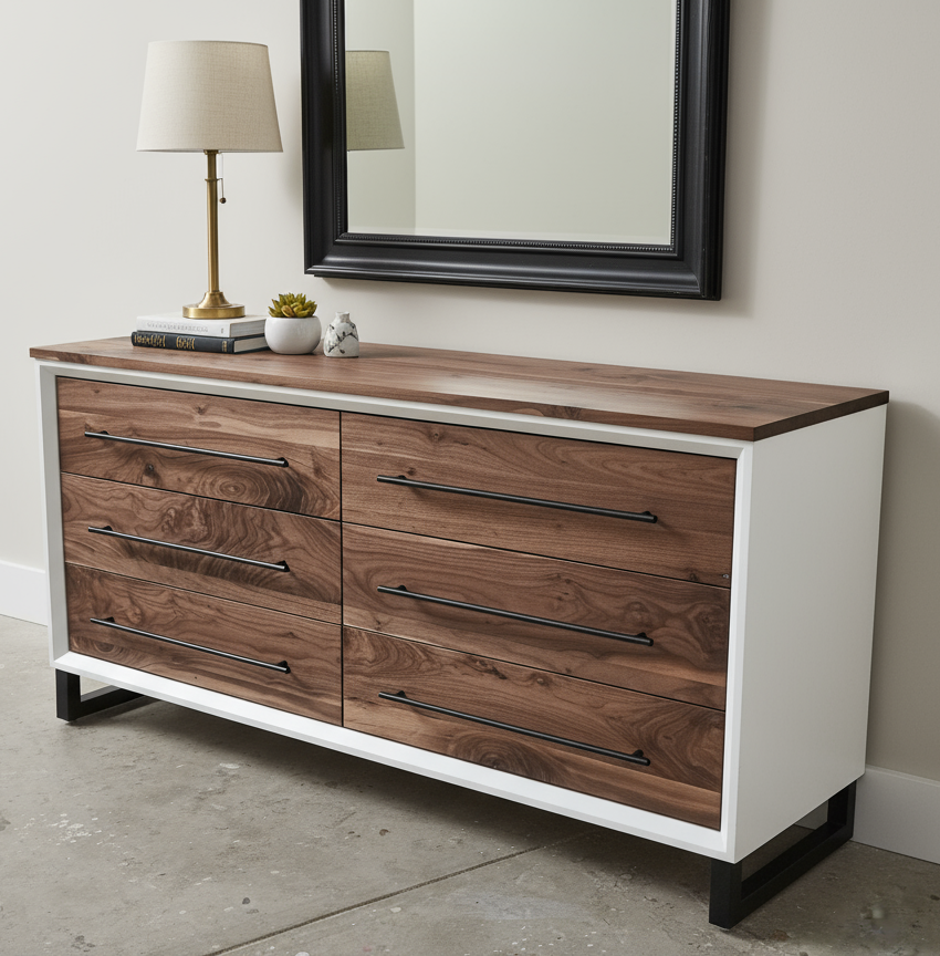 handcrafted white and real walnut face and top 60" 6 drawer dresser on steel legs