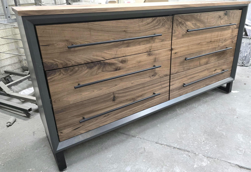Hand Crafted to order 5 foot  6-Drawer Modern Industrial Dresser with real Walnut Drawer Faces and top room of choice delivery included