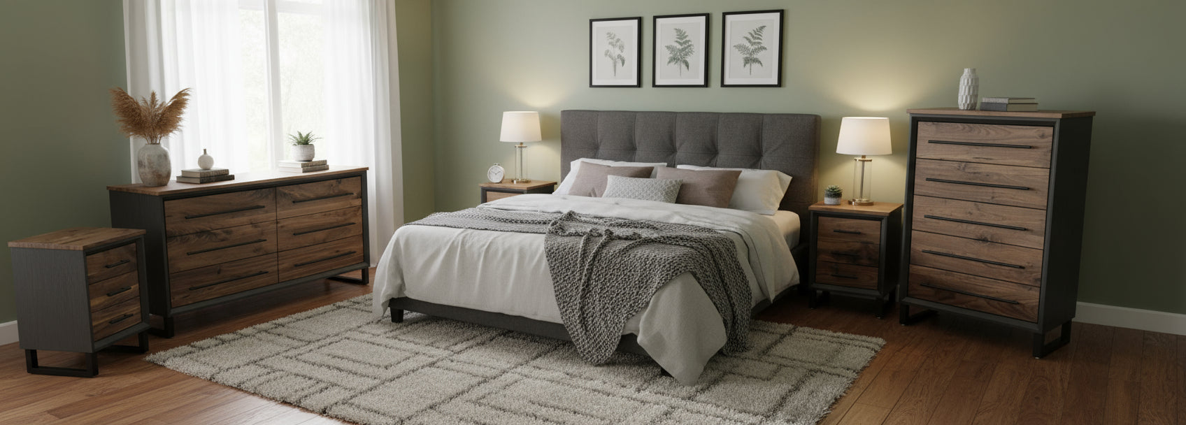 handcrafted full bedroom dresser set. delivered with real walnut in a modern industrial. 2 nightstands, dresser, and chest of drawers. 2500.