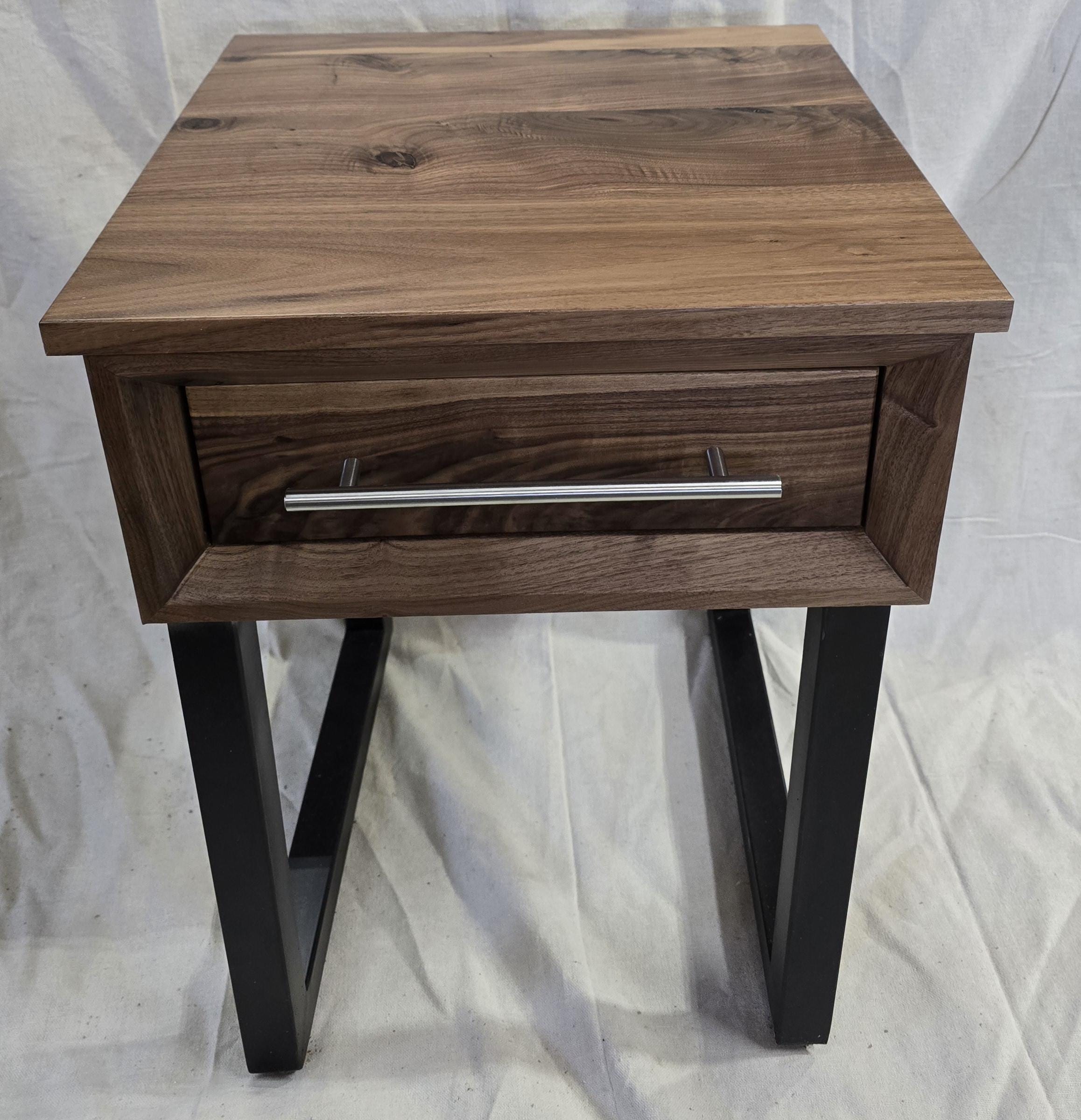 handmade 18 x 18 x 24t nightstands with white oak drawer front and top on steel legs