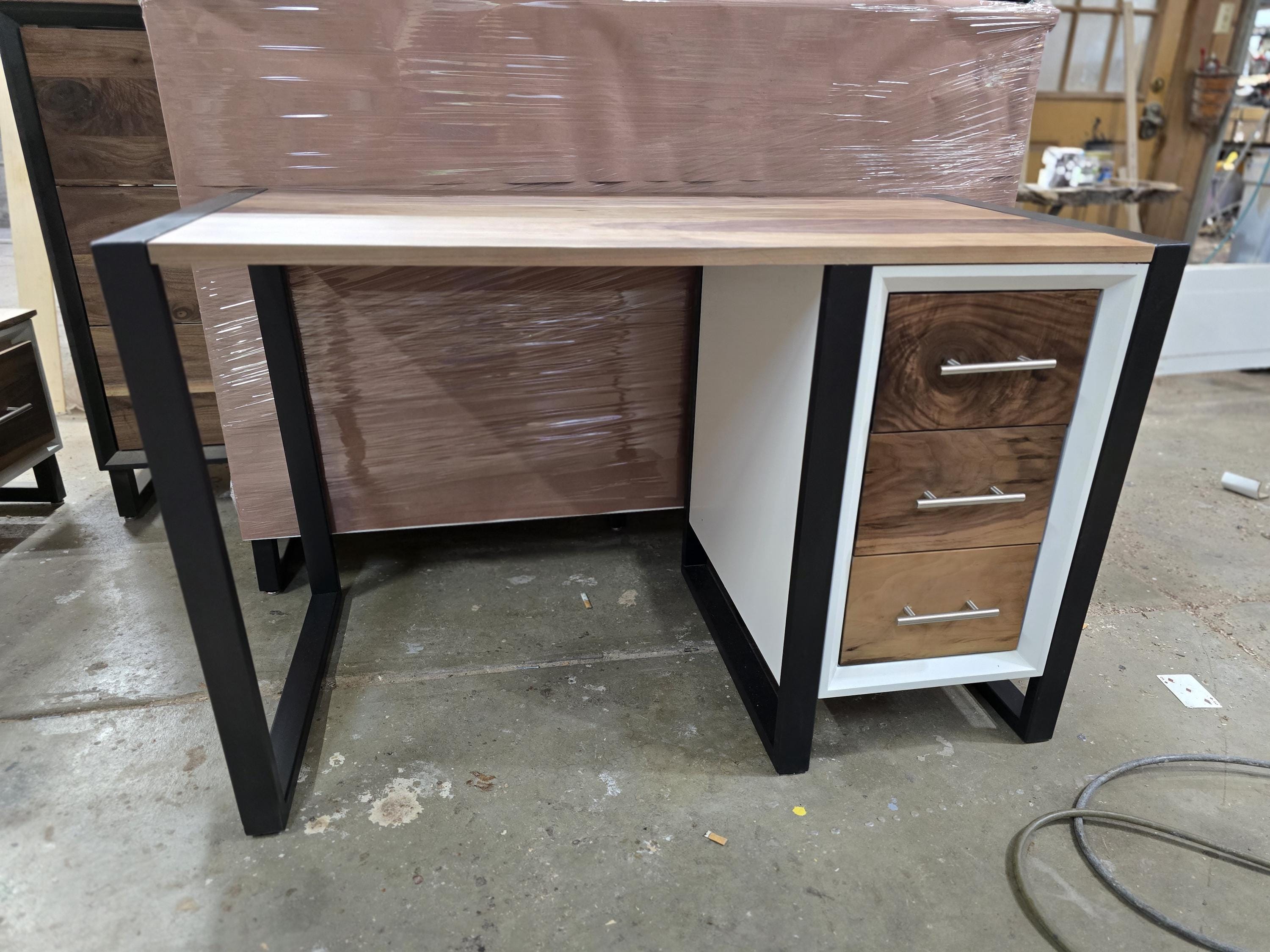 4ft wide 3 drawer modern desk with real walnut top and steel legs (shown in white) variations available.