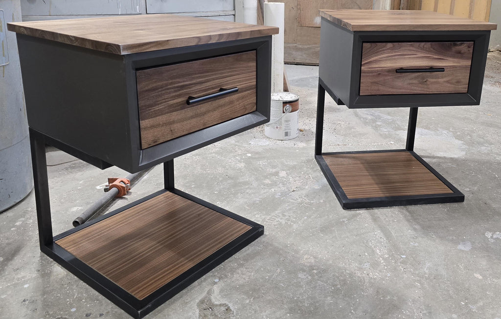handcrafted modern bedroom sets (dresser and nightstands) in walnut or white oak in dark Grey or white on steel legs starting at 1200.00