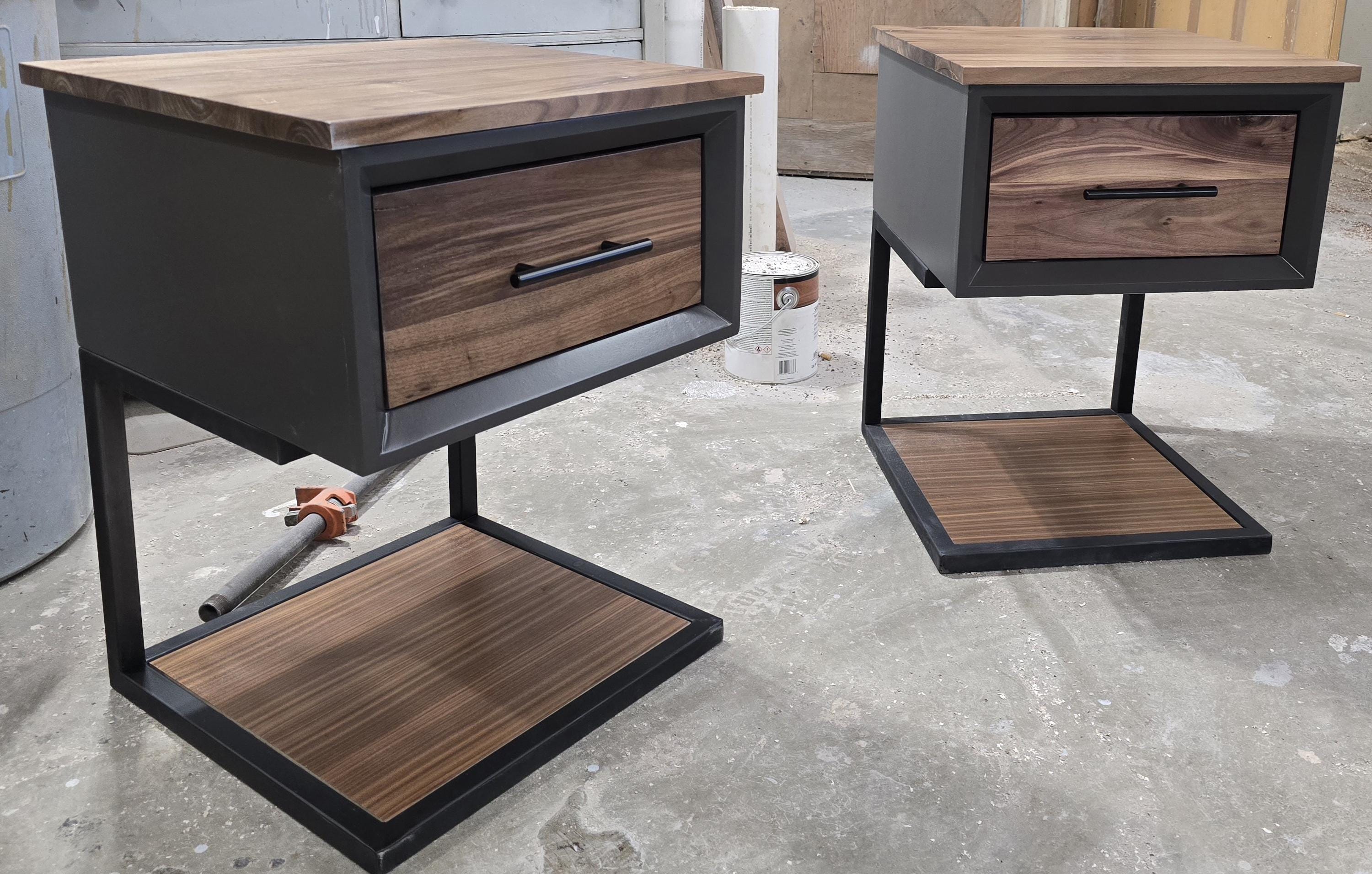 handcrafted modern bedroom sets (dresser and nightstands) in walnut or white oak in dark Grey or white on steel legs starting at 1200.00