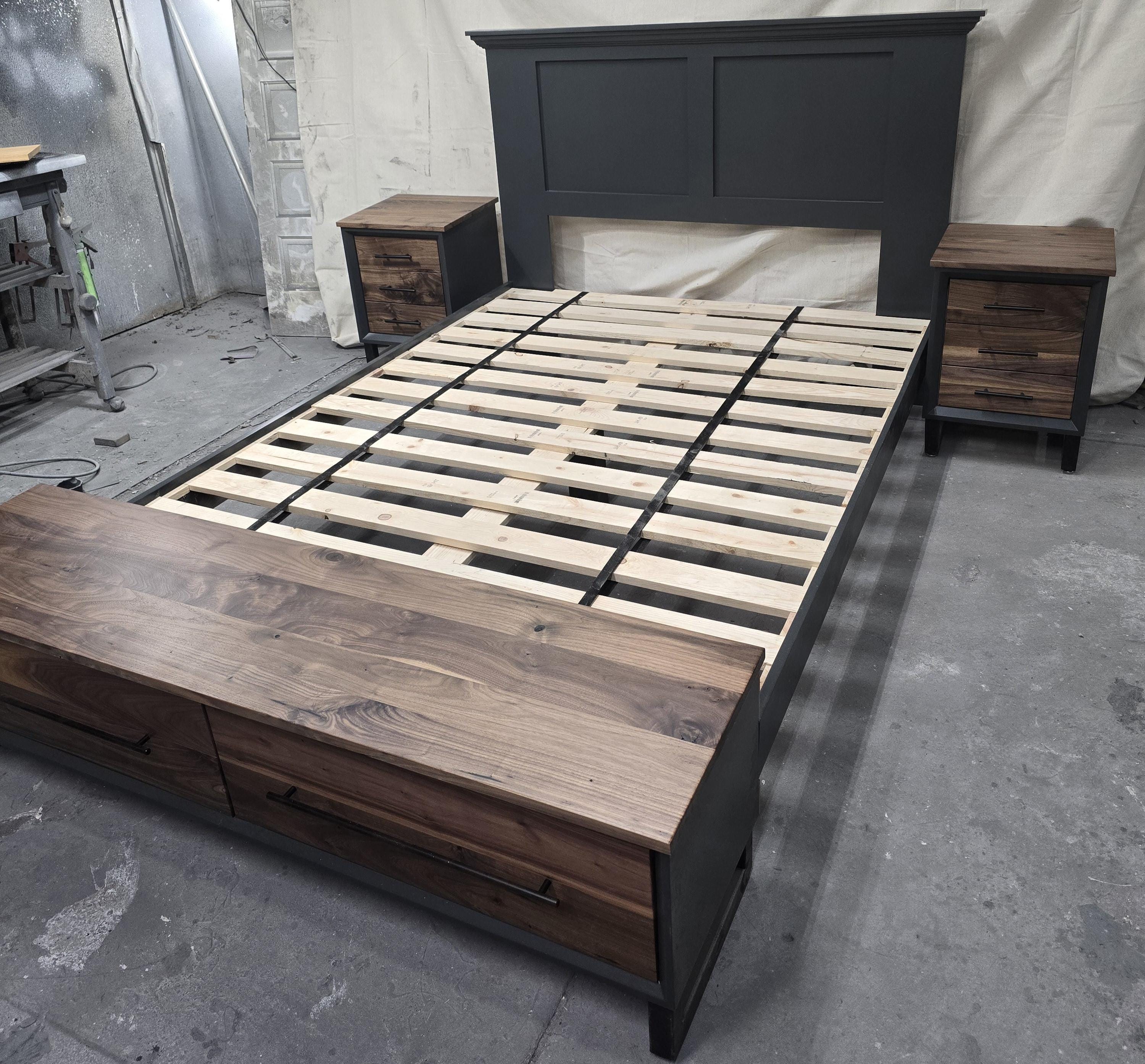 Handcrafted to order. footboard bench with storage dark Grey with walnut fronts and top. 2 drawer shown in queen available in all sizes