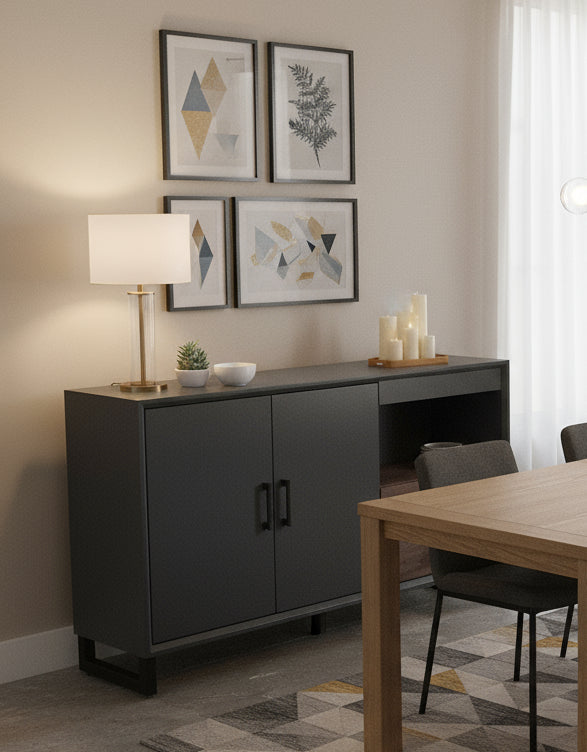 48" accent cabinet with open shelf and drawer with walnut fronts and top. Made to order.