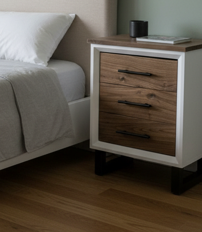 Handcrafted to order. 3 drawer nightstand in a white finish with real walnut fronts and top.