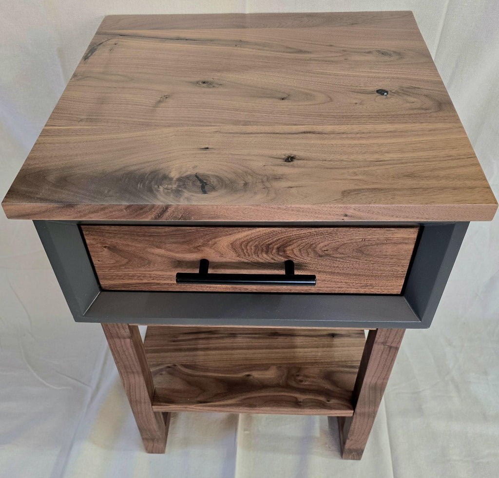 handcrafted single drawer nightstand with real walnut and iron painted shell