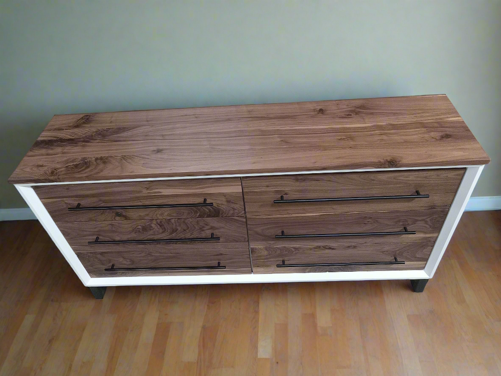 60" modern 6 drawer dresser in white w/walnut fronts and top on 5" steel legs made to order