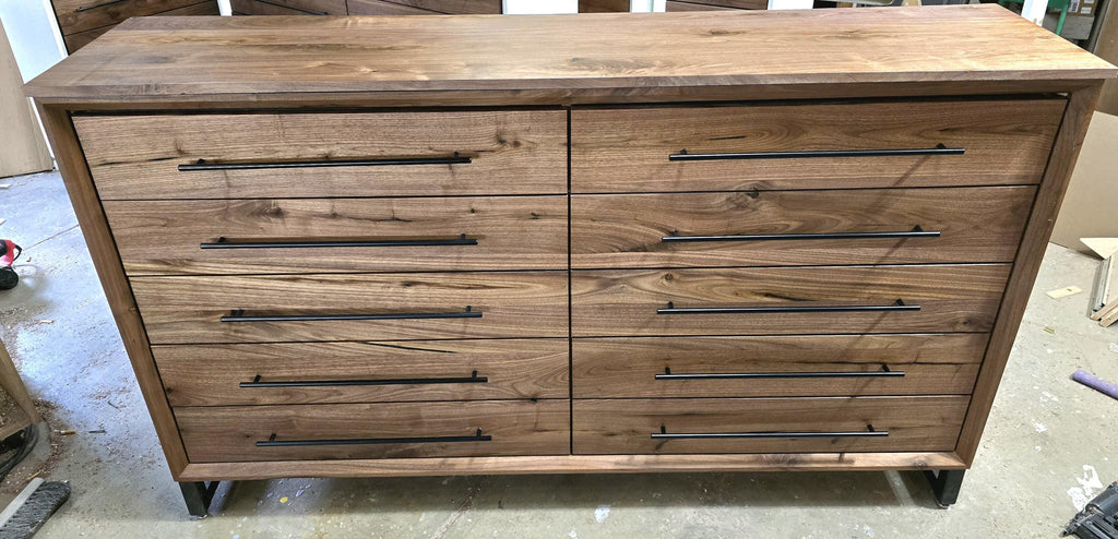 handcrafted 72w x 42t x 17d modern industrial walnut 10 drawer dresser.