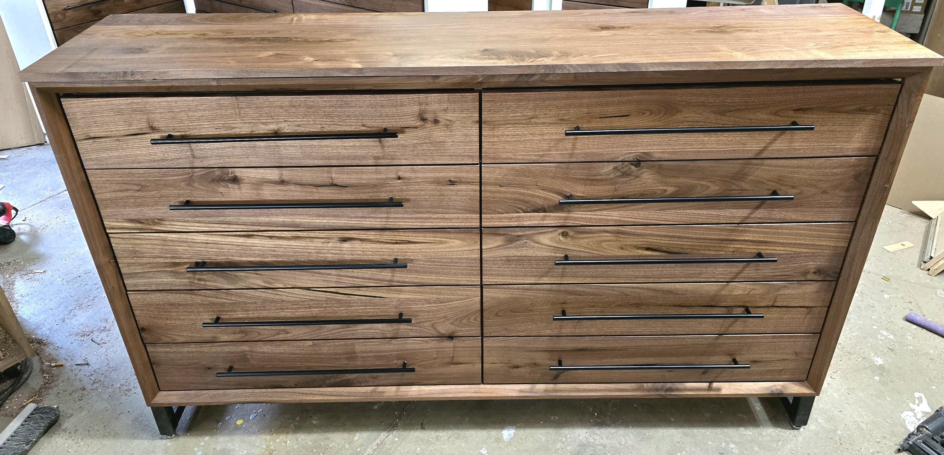 handcrafted 72w x 42t x 17d modern industrial walnut 10 drawer dresser.