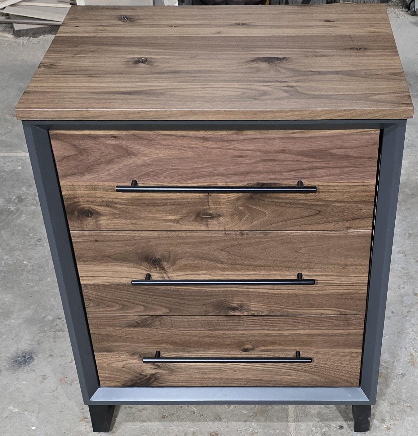 handmade small dresser/side table with 3 walnut faced drawers on steel legs 26w x 32t x 20d