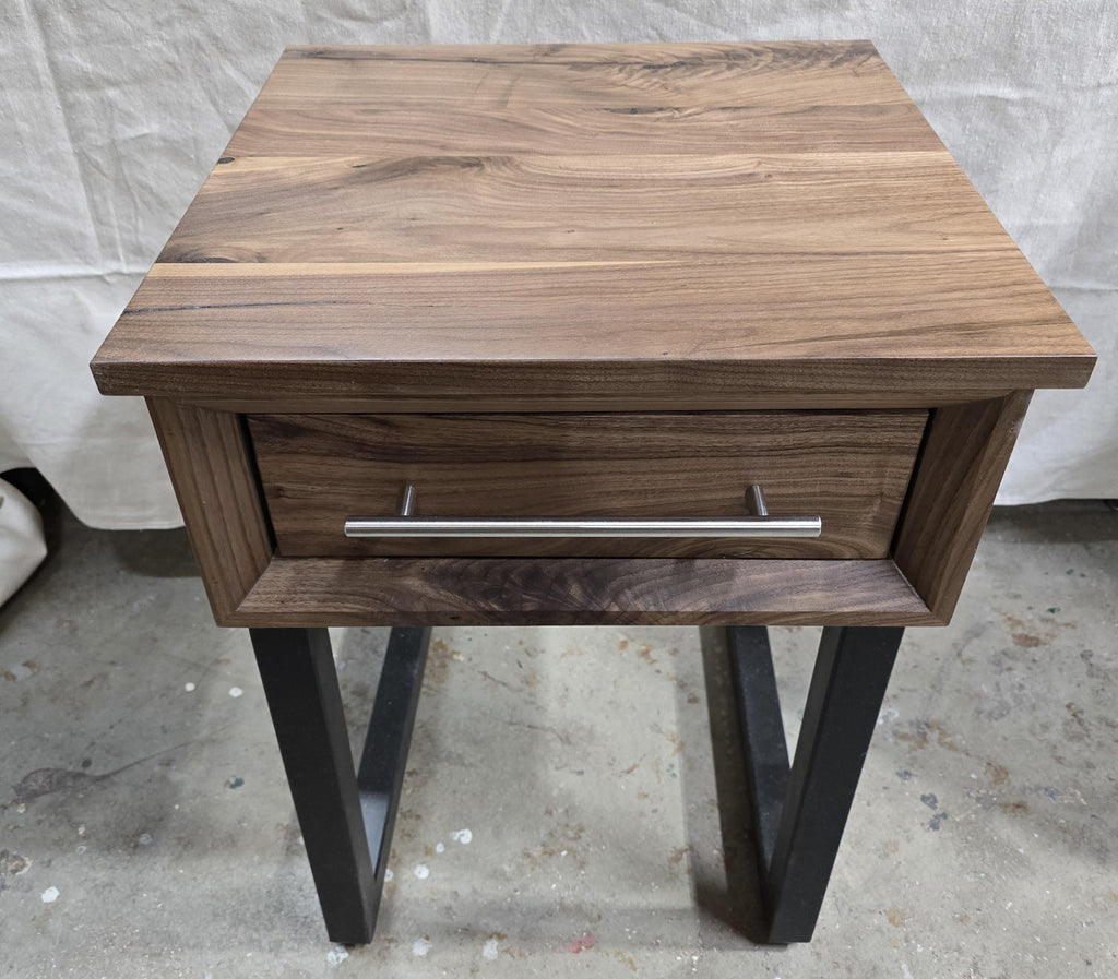 handmade 18 x 18 x 24t nightstands with white oak drawer front and top on steel legs