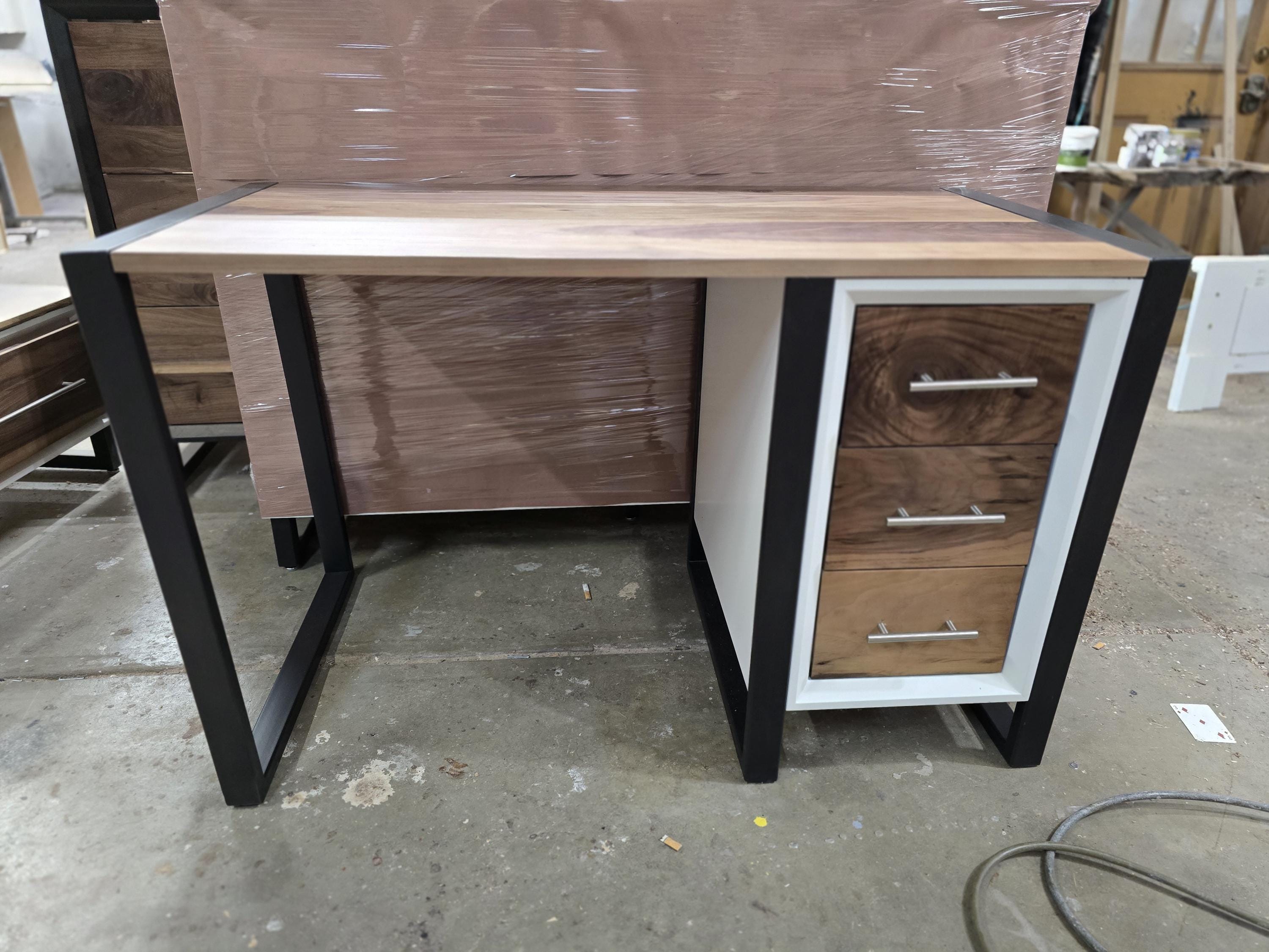 4ft wide 3 drawer modern desk with real walnut top and steel legs (shown in white) variations available.