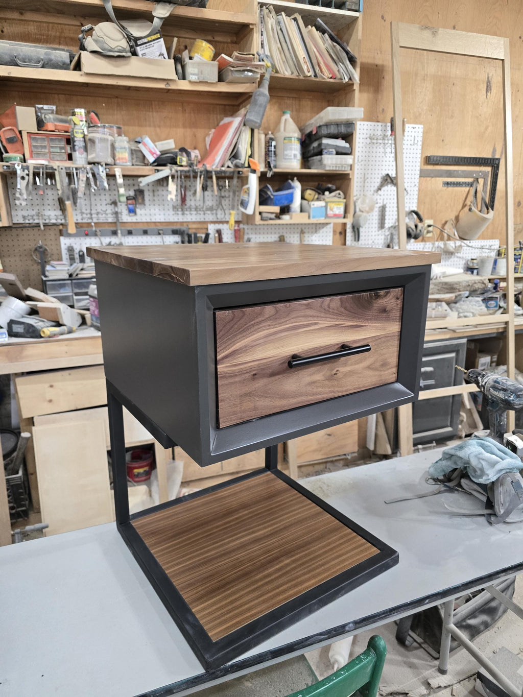 Handcrafted 16x16 single drawer modern nightstands in black with real walnut and bottom shelf on steel legs