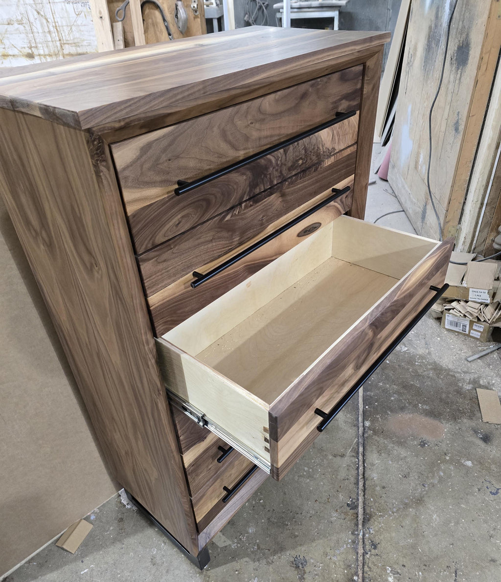 Handcrafted Modern Industrial 6 drawer Chest of Drawers in real walnut 49t x 30w x 18d with Steel Legs and Adjustable Feet